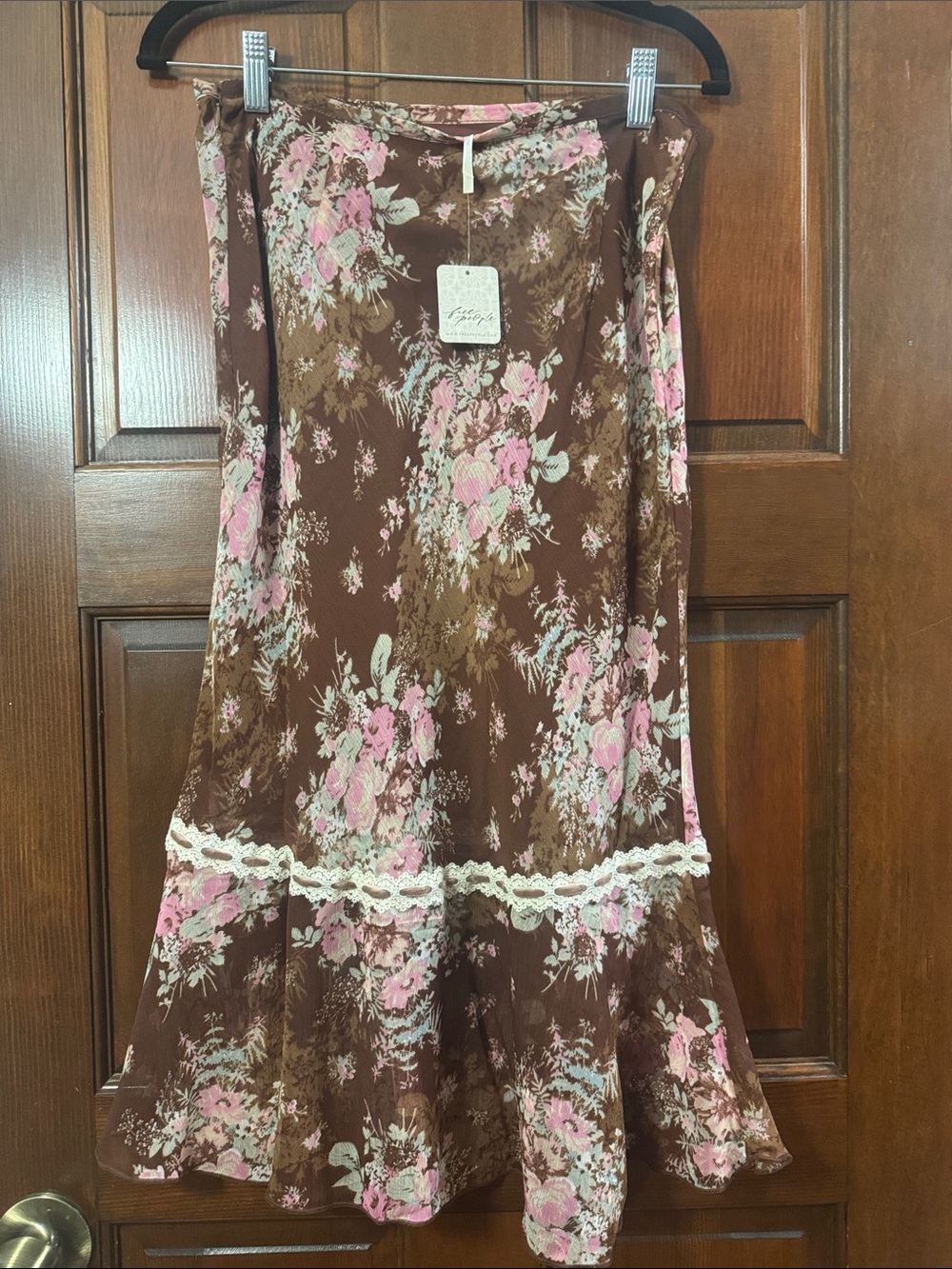 Free People Brown Floral Midi Skirt with Pink Accents